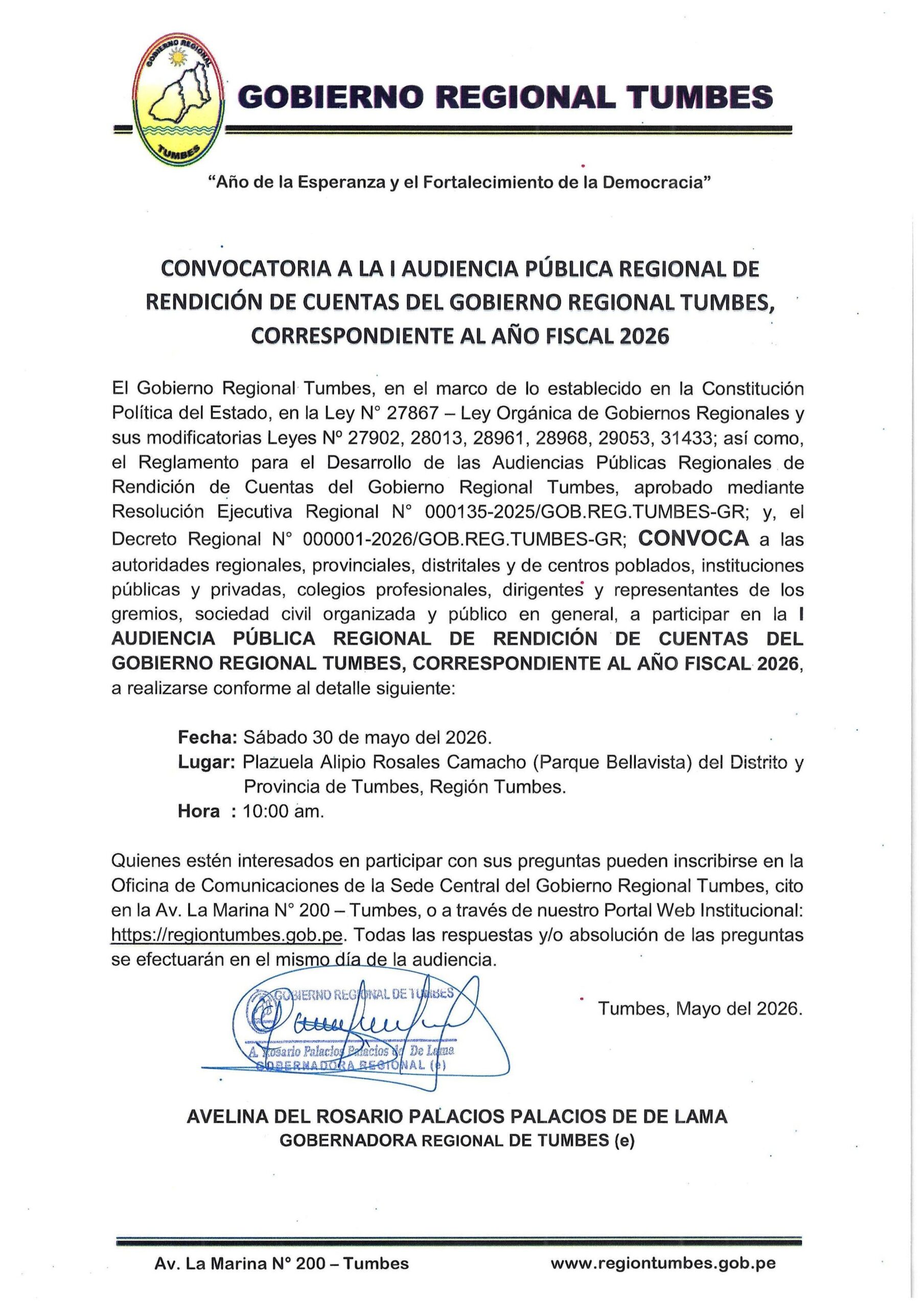 CONVOCATORIA A LA I AUDIENCIA PUBLICA REGIONAL DE RENDICION DE CUENTAS DEL GRT TUMBES, CORRESPONDIENTE AL AÑO FISCAL 2026
